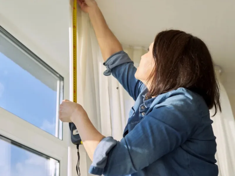 Medewerker meet een raam op voor nieuwe raamdecoratie