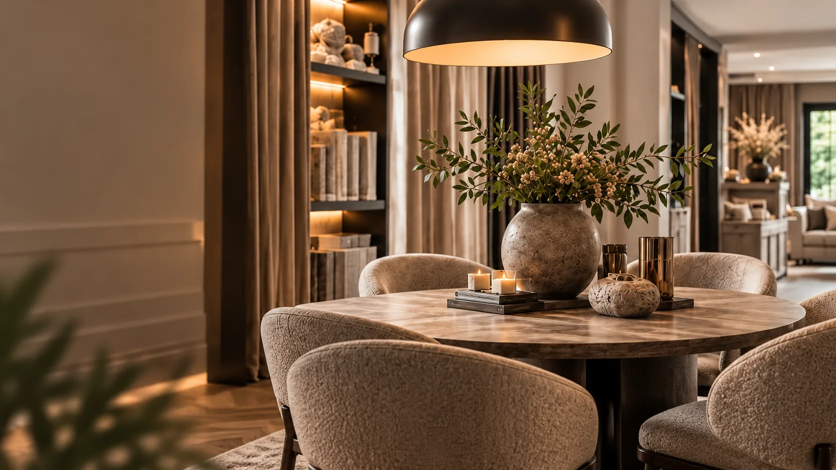 Ronde eettafel met bouclé stoelen, hanglamp en fluwelen overgordijnen