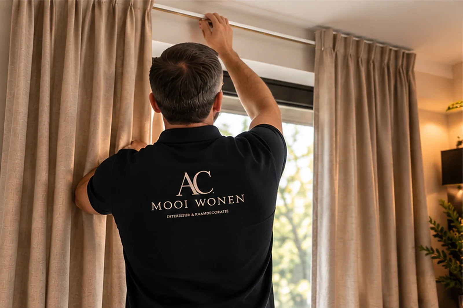 Monteur van AC Mooi Wonen hangt linnen overgordijnen op aan een gordijnroede