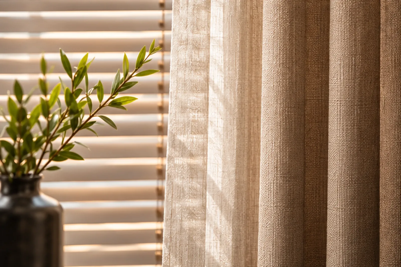 Houten jaloezieën naast lichte vitrage en zandkleurige overgordijnen