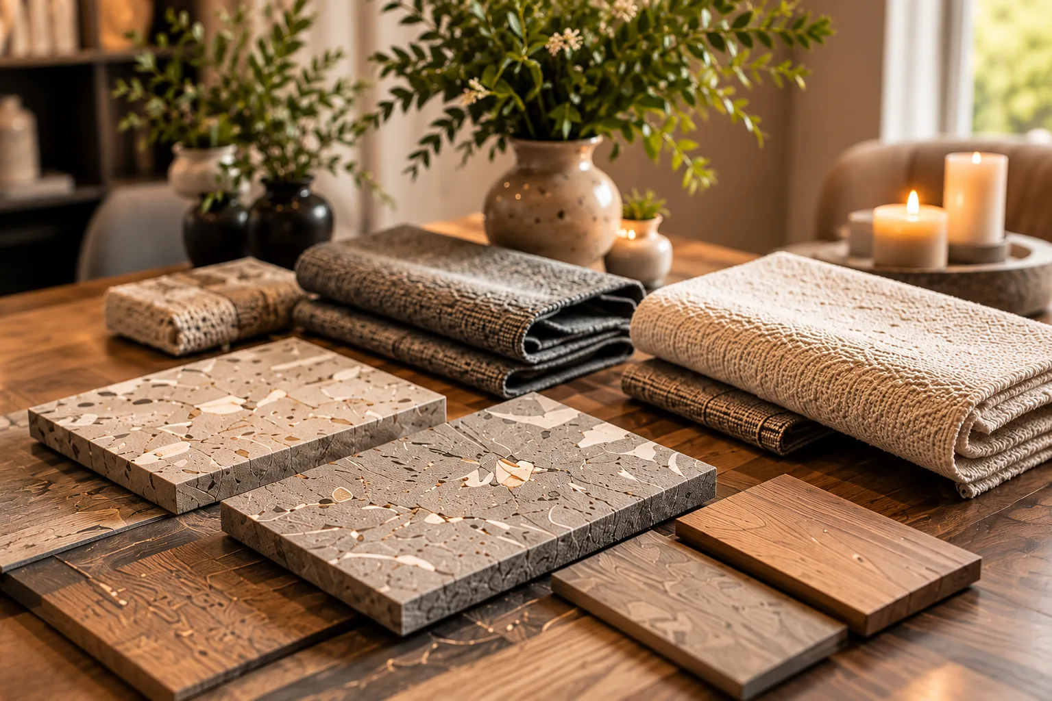 Terrazzo- en houtstalen naast opgevouwen stoffen op een houten tafel met kaarsen