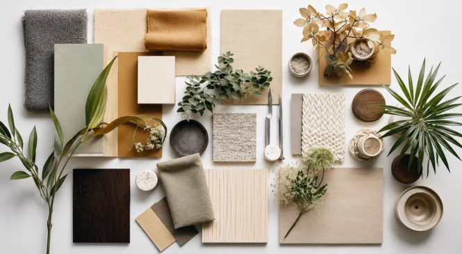 Moodboard met stof- en houtstalen, groene takken en schalen in natuurlijke tinten