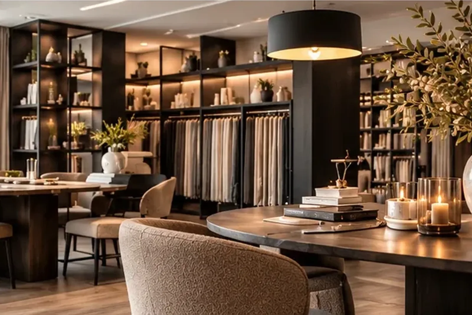 Ruimte met rekken vol gordijnstoffen, een tafel en sfeervolle verlichting