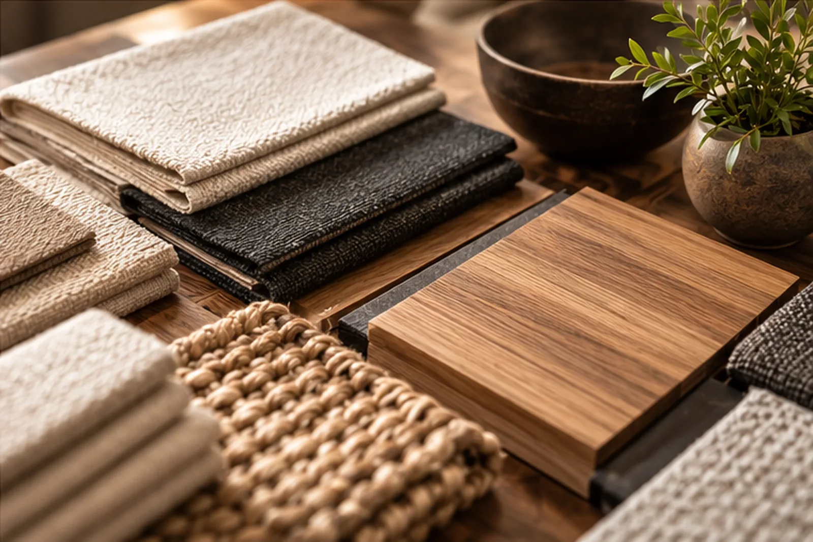 Gevouwen meubelstoffen, een houtstaal en een geweven mat op een houten tafel