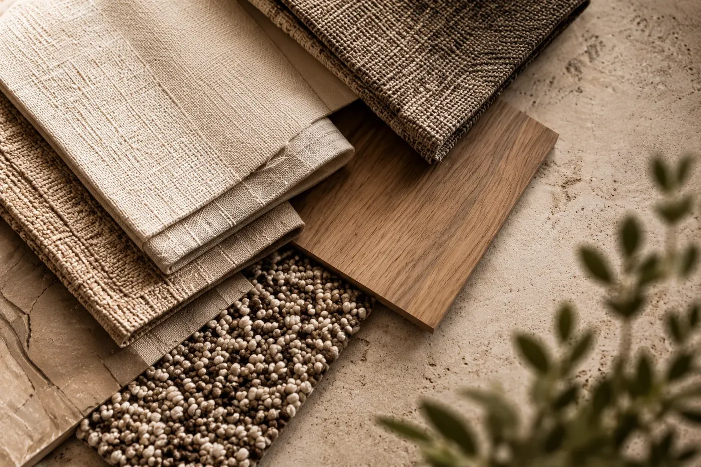 Linnen stoffen, een eiken houtstaal en een tapijtstaal op een natuurstenen blad