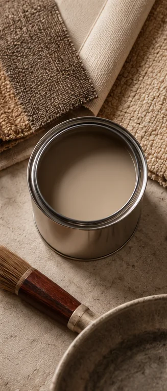 Open pot muurverf in taupe met een kwast tussen stof- en tapijtstalen