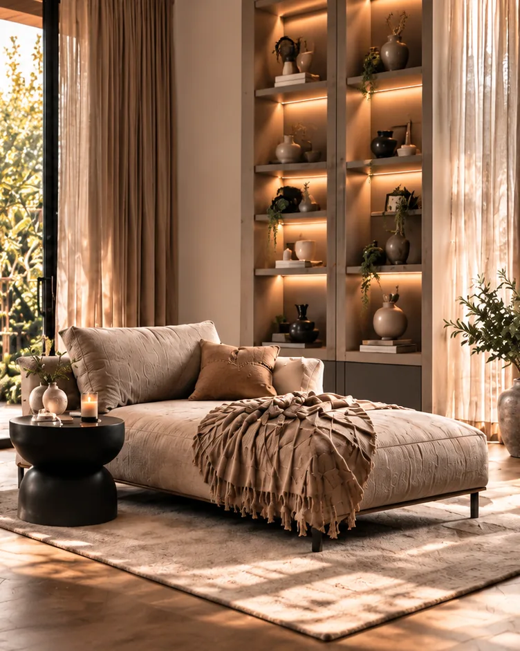 Woonkamer met chaise longue, linnen overgordijnen en verlichte wandkast bij de tuindeuren